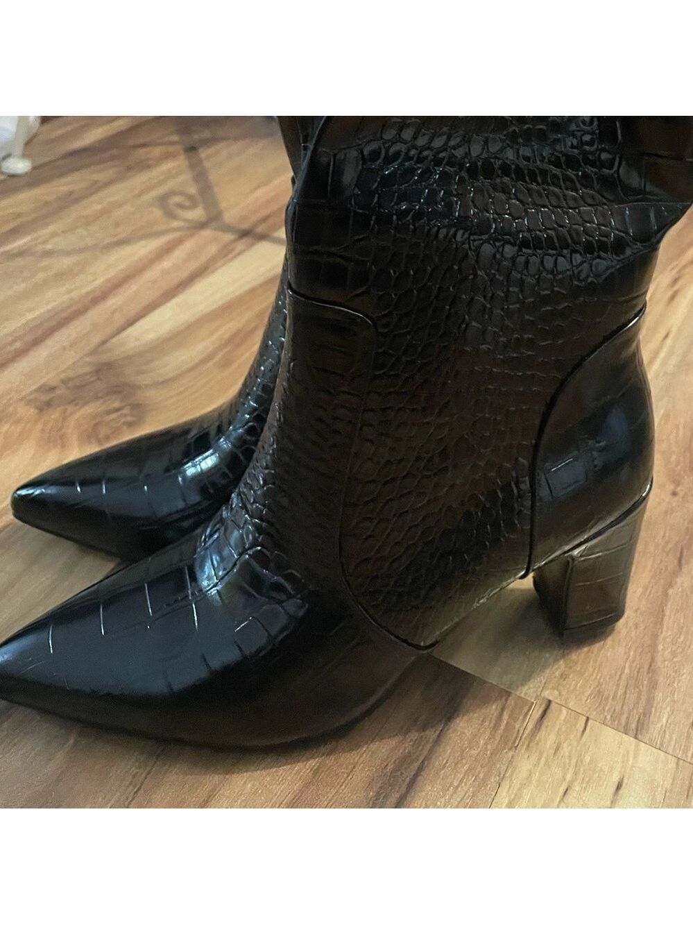 Women's Black Croc-Embossed Knee Boots - Picture 5 of 17